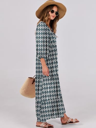 Image of ANRABESS Womens Boho Floral 3 /4 Puff Sleeve Maxi Dress | Tiered Flowy Loose Fit, Comfy Soft Rayon Fabric, Wedding Guest Church Beach, Modest Elegant, Spring Summer Fall Outfits