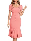 Features:Retro 1950s Vintage Style,U Round Neck, Ruched Sheath Bandage Bodycon Design with short sleeve ,Knee Length Pencil Dress,A Concealed Back Zipper,The Slim Fitted Wiggle Dress hugs your curves nicely,Back Split Hem for easy walking,Makes you l...