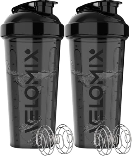 Image of VELOMIX -2 Pack- 28 oz Protein Shaker Bottles for Protein Mixes - 2x Wire Whisk | Leak Proof Shaker Cups for Protein Shakes and Pre Workout | Protein Shaker Bottle Pack (B8) 2 Set Black