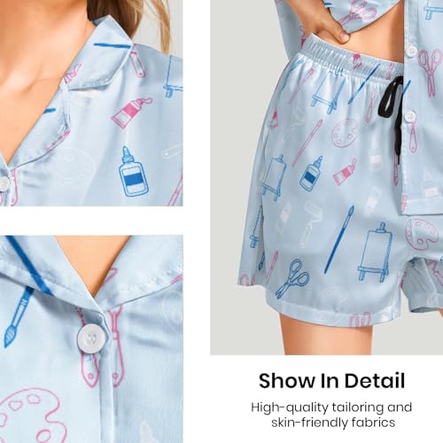 Image of Funny Pajamas for Women Set Print Satin Loungewear Pjs Short Sleeve Button Down Top and Shorts Sets Sleepwear XS-3XL