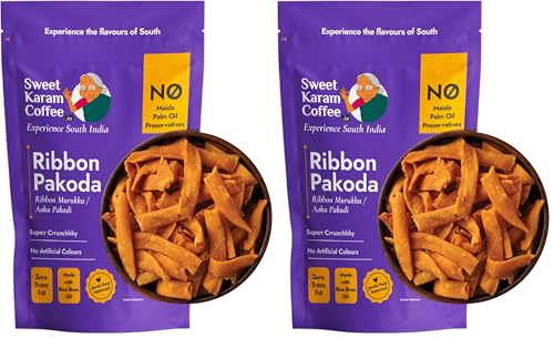 Image of Sweet Karam Coffee Ribbon Pakoda /Murukku - 200grams | No Palm Oil & Preservatives | No Maida | Kokku Vada | pakkavada | Authentic South Indian Namkeen | Fresh & Crispy Tea Time Snack | Homemade Taste