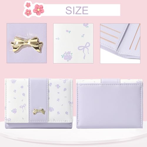 Small Wallet Floral Coquette Bow Wallet Cute Wallet ID 7 Credit Card Slots for Women Girls (PURPLE)4