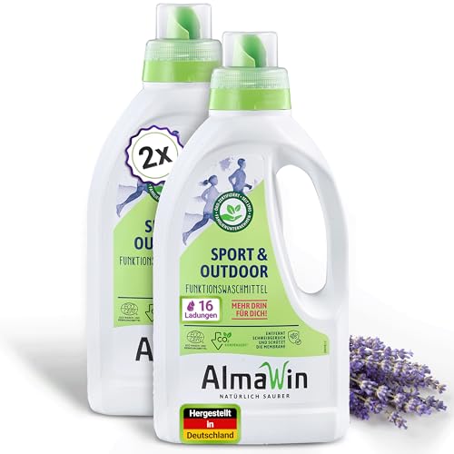 AlmaWin® Sportwaschmittel für Funktionskleidung [2x 750ml] entfernt effektiv Schweißgeruch - Membranfunktion-schützendes Funktionswaschmittel - Outdoor Waschmittel - Reisewaschmittel [20-40°C]
