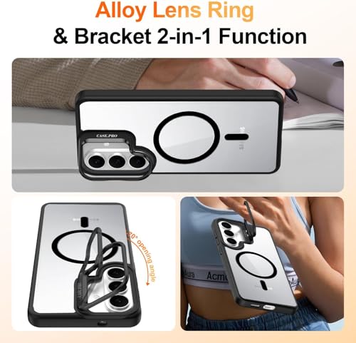 Image of VONZEE Compatible for Samsung S26 Plus 5G Case, Compatible with MagSafe, Military-Grade Protective Case, Built-in Stash Stand Phone Case, Scratch-Resistant Back Cover, Classic Series|Clear Black