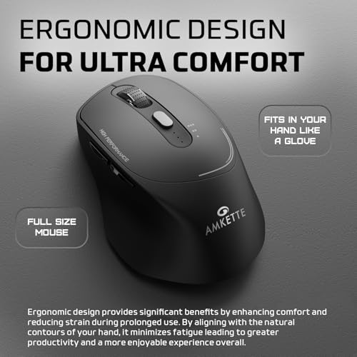 Image of Amkette Hush Pro Epic Rechargeable Wireless Mouse /Bluetooth Mouse | 3 Device Connectivity (2xBT&2.4G)| 2400 DPI |Silent Switches| Premium Ergonomic Design Type C Charging | Black