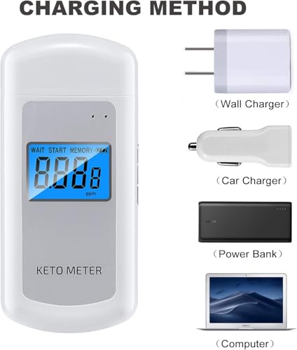 Ketone-Atemmessgerät Professionelles Ketone-Atemmessgerät Tragbares Ketose-Atemmessgerät USB-aufladbares Ketone-Atemmessgerät mit 10 austauschbaren Mundstücken für Ketosetests (Weiß)
