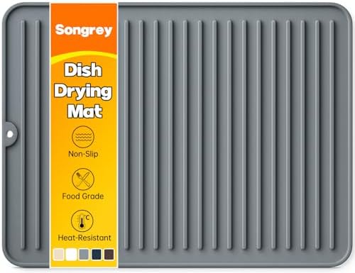 Songrey 16" x 12" Silicone Dish Drying Mat, Waterproof Counter Protector with Raised Edge, Heat-Resistant Non-Slip Mat for Kitchen Sink, Coffee Station and Cabinet