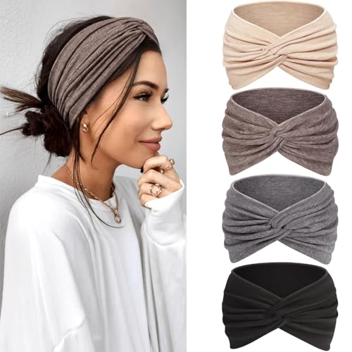 Kavya Fascia Capelli Donna Cerchietto Capelli Donna 4 Pezzi – 7'' Extra Large Elastico Boho, Turbante Fasce per Capelli Bandana Headband per Yoga, Skincare e Lavoro Quotidiano