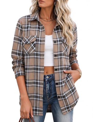 Image of Zeagoo Flannel Shirt Women Plaid Button Down Shackets Long Sleeve Fall Tops | Cotton Brushed Flannel Shirts Lightweight Loose Fit Blouse Business Casual Office Outfits 2026 Fashion Summer Western Clothes