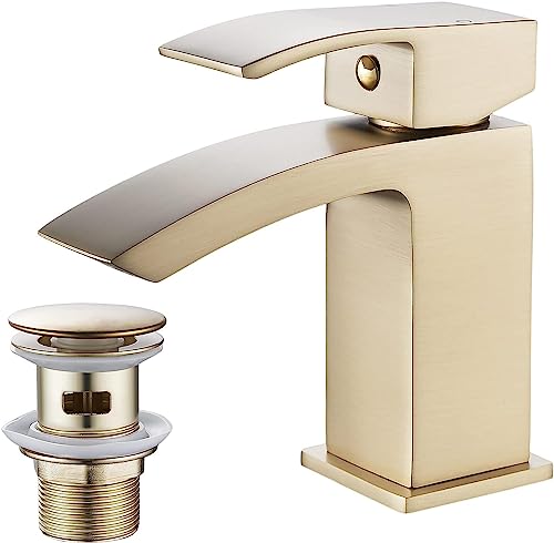 Luckyhome Brushed Gold Basin Taps with Waste Bathroom Waterfall Basin Taps Mixer Faucet, N-gold