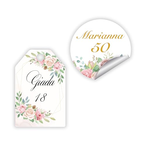 Cartellini e Adesivi Personalizzati Floreali – Segnaposto e Bomboniere per Compleanni, 18 Anni, 50 Anni – Confezione da 10 – Etichette matrimonio (FLR-01)