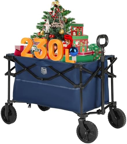 TIMBER RIDGE Folding Collapsible Wagon, Utility Push Pull Beach Wagon with All-Terrain Universal Wheels, Heavy Duty Foldable Grocery Cart for Outdoor Garden Camping Shopping, Holds 225 lbs, Dark Blue