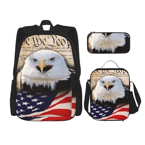 nanger Patriotic Bald Eagle With American Flag Print 3-Piece Set Backpack, Lunch Bag And Pencil Case, For Travel, College, And Daily Use