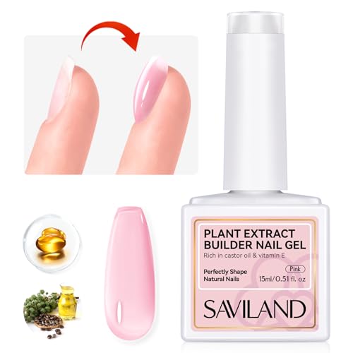 Saviland Builder Nail Gel - Pink 15ml Builder Nail Gel In A Bottle Hard Gel Nail Strengthener Gel Nail Hardener with Castor Oil & Vitamin E Extra Strong and Growth for Nail Extension Repair Nail Art