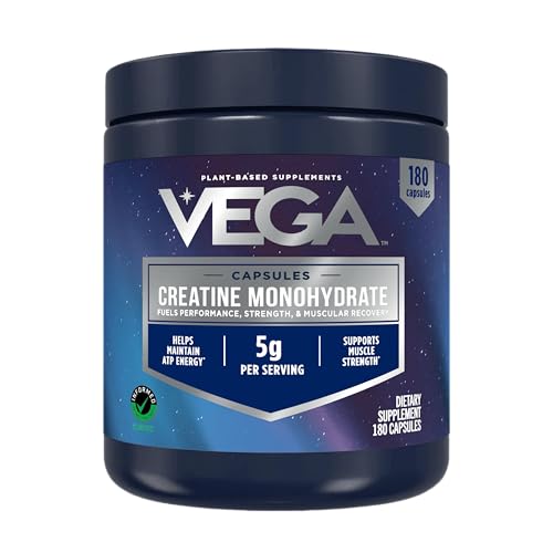 Image of Vega Creatine Monohydrate Capsules, 5g Micronized Creatine Powder per Serving, for Lean Muscle, Support Cognitive Function, Pure, Unflavored, Sugar Free, 180 Pills (30 Servings)