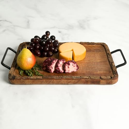 Image of Premium Mango Wood Serving Tray with Handles - Rustic Wooden Tray for Kitchen, Dining, Coffee, Snacks & Home Decor - 14x9 Inch Rectangle Wooden Tray