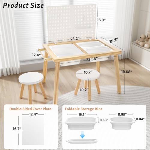 Image of Easyego Sensory Table for Toddlers Kids Play Wooden Sand Water Table with Can DIY Creation Pegboard & Foldable Storage Bins for Indoor and Outdoor Use, Birthday Gifts for Boys and Girls - Wood Color