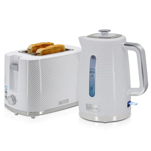 briebe Elegance Set Tostadora Pan Ranura Ancha 2 Rebanadas, 7 Niveles Tostado + Hervidor Agua Eléctrico 1,7L Inalámbrico, 2200W Ebullición Rápida, Libre BPA, Pack Desayuno Diseño Moderno Blanco