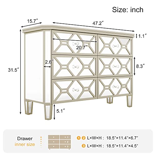 Firomo Mirrored Dresser,Elegant 6 Drawers Sideboards Storage Cabinet With Golden Edge And Crystal Handle,Modern Mirrored Buffet Cabinet For Bedroom, Dressing Room, Living Room #TOP2