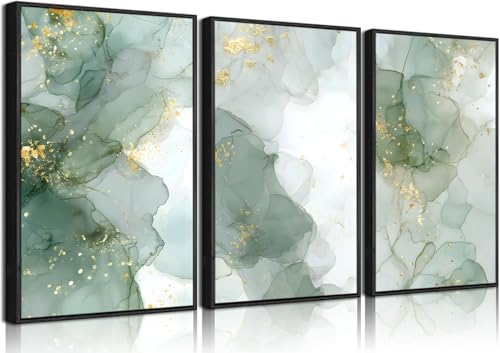 3Pcs Black Frame Sage Green Gold Canvas Wall Art Abstrac