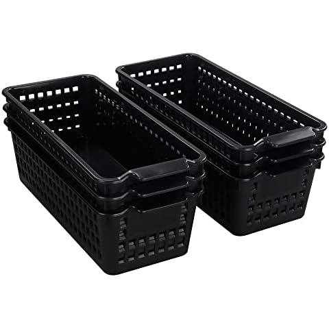 Bblina Slim Storage Baskets, Small Plastic Organizing Bins Set of 6, Black Cover