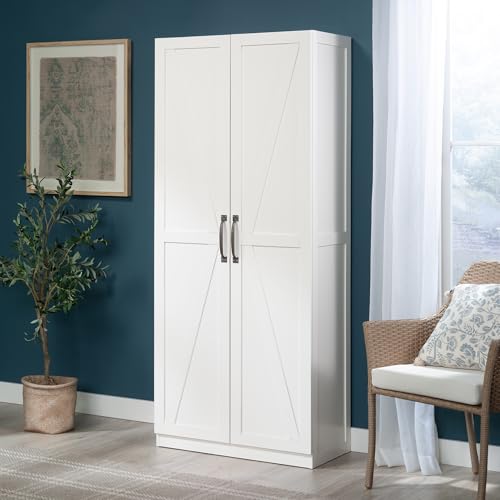 Image of Sauder HomePlus Farmhouse Multipurpose Storage Cabinet Tall Pantry with Adjustable Shelves, in White Finish