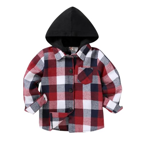 Image of YOUNGER STAR Toddler Kids Boys Girls Flannel Hooded Plaid Shirt Button Baby Red Plaid Shirt Plaid Shirt Hooded Clothes