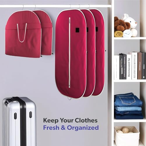 Image of Non Woven Blazer Cover with Zip | Hanging Coat Bags for Jacket, Saree, Shirt, Garments Clothes | Unisex Dress Wardrobe Organizer Folding Suit Covers, Maroon | Pack of 5