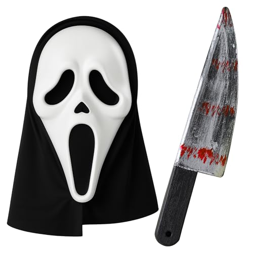 Moonlight Fright Screaming Ghost Face Mask and Knife with Blood Mens Halloween Costumes - Scary Adult Halloween Mask and Bloody Fake Knife Prop - Screamer Ghost Face Outfit Fancy Dress Adult