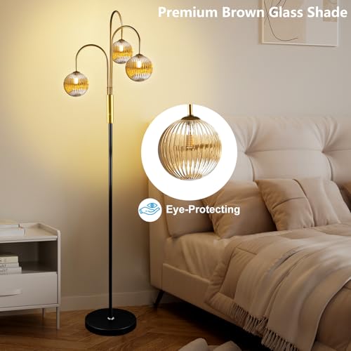 Image of Lightdot 70IN Dimmable Floor Lamp for Living Room, 3 Light LED Tree Floor Lamps with Glass Globe Shade& Bulb Included, Mid Century Standing Tall Lamp with 5Lbs Heavy Base for Bedroom-Black&Gold