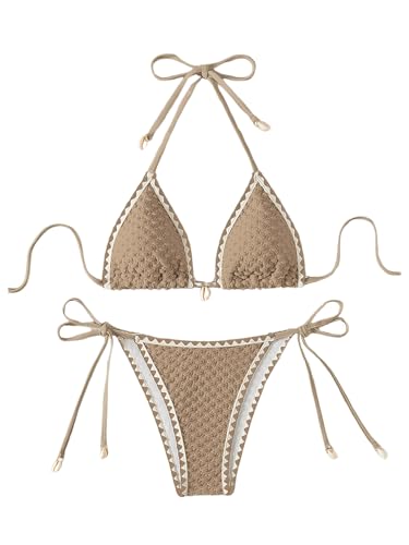 SHENHE Women's 2 Piece Triangle Beach Bikini Sets Color Block Halter Swimsuit Bathing Suit Khaki Small
