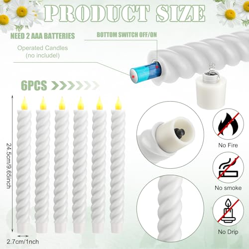 Image of Baquler 6 Pcs White Flameless Taper Candle Twisted LED 9.65 Inch Spiral Taper Candles Battery Operated Twisted Candlesticks for Spring Wedding Birthday Home Party Holiday Dinner Fireplace