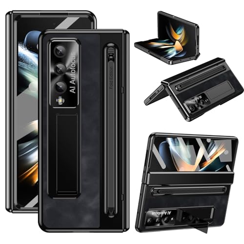 Coque Samsung Galaxy Fold 4 noire en cuir avec porte-stylo S Pen et béquille