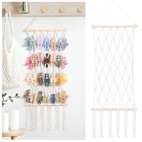 SNOWSTAR Macrame Claw Clip Organizer Hanging Hair Clip Holder for Women Girls 4-Tier Diamond-Shaped Grid Claw Clip Hanger Hanging for Wall Door Closet. (white)