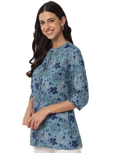 Image of FABRIC FITOOR Women's Jaipuri Pure Cotton Floral Print Mandarin Collar 3 /4th Sleeve Blue Color Shirt Top