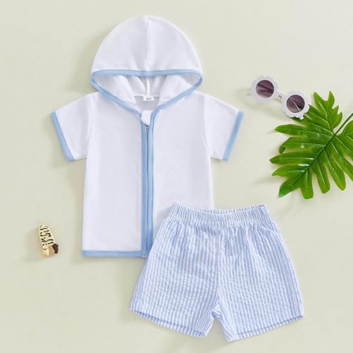 Toddler Baby Boys Girls Swim Cover Up Towel Thick Zipper Hoodies Seersucker Shorts Set Beach Bathing2