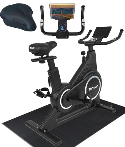 STEADY スピンバイク Plus【Zwift/アプリ連動/静音/組立簡単】 エアロバイク フィットネスバイク 家庭用 ST145 (03.ブラック/マット・サドルカバー付き)