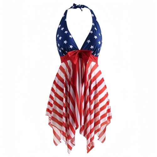 Plus Size Tankini Swimsuits for Women Halter American Flag Printed Swimsuits Asymmetrical Hem Bathing Suits (1-Multi, L)