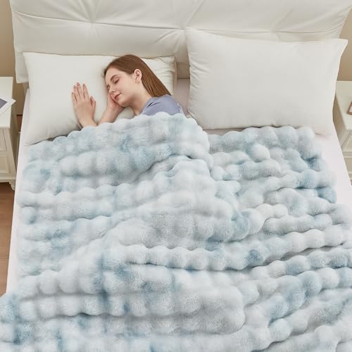 Faux Fur Throw Blanket, 1000GSM Fluffy Soft Bubble Blanket for Couch Bed, Cozy Plush Warm and Thick Rabbit Blanket for Living Room Bedroom 60''*80'' Tie-dye Blue