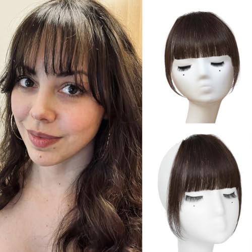 KEVVTY Clip In Bangs-100% Human Hair Bangs Clip On Bangs Hairpieces, Dark Brown Human Hair Bangs For Women French Bangs Fringe With Temples Clip In Bangs Faux Bangs Hair Clips On Bangs
