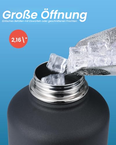 Isolierte Wasserflasche 2L, Coolflask Wasserflasche mit Strohhalm & 3 Deckeln, Isolierte trinkflasche aus Edelstahl für Sport oder Büro, Doppeltes Vakuum auslaufsicher, Schwarz 4