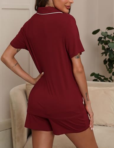 Image of ZMJ Pajamas for Women Set 2 Piece Pj Short Sets Bride Sleepwear Button Up Wine Red 3XL