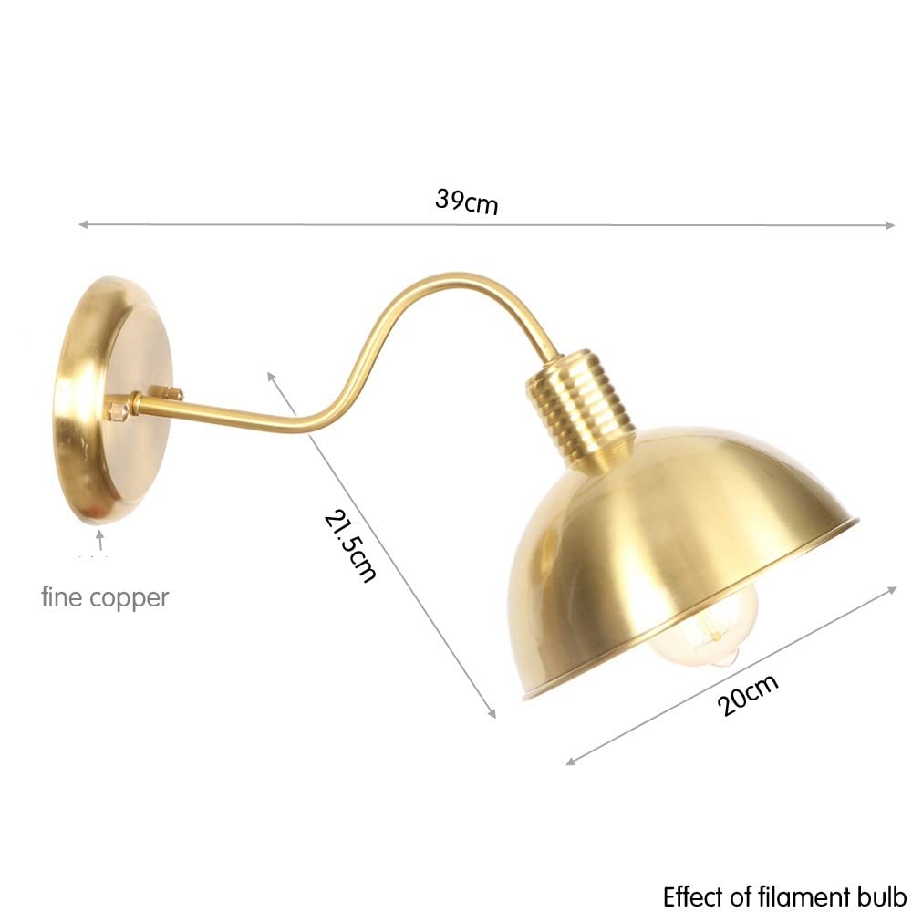 VINTAG Aplique de Pared Industrial Apliques de Pared de latón Apliques de iluminación E27 Lámparas de Pared de ático con Pantalla de latón de 20 cm de diámetro - (No Incluye Bombilla)