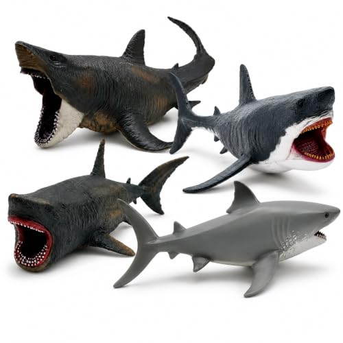 4 Pack Jumbo Shark Toys Figurines, Large Megalodon & Great White Figures