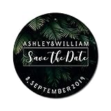 ✅ COULEUR: Noir et Vert Darling Souvenir Souvenir chéri ronde des feuilles de palmier Sauvez les autocollants de date de mariage personnalisé Epoux nom et date d\'enveloppe Joints 45 Pcs