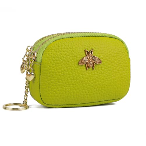 imeetu Porta-moedas feminino em couro, carteira pequena com 2 compartimentos com zíper (abelha cobre, verde-amarelo)
