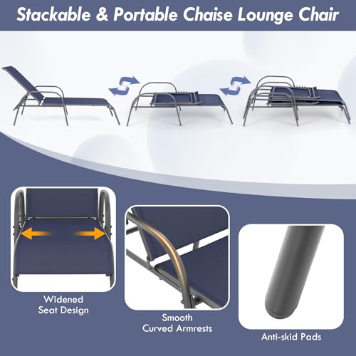 Image of Giantex 2 Pack Patio Lounge Chair, Outdoor Chaise Lounge with 5 Adjustable Backrest, Sturdy Steel Frame, Sunbathing Recliner, Beach Chair, Tanning Chair for Outside, Yard, Balcony, Pool Chairs, Navy