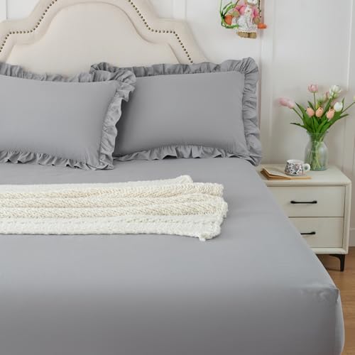 Image of Homiest 3-Pieces Ruffle Pillow Case & Fitted Sheet Set, Grey Queen Sheets with 2 Ruffled Pillow Shams, 15 Inch Deep Pocket, Cute & Coquette Microfiber Bed Set for Decorating Bedroom Hotel