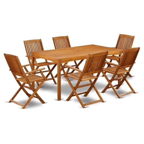 East West Furniture CMCM7CANA 7 Piece Patio Garden Table Set Consist of a Rectangle Outdoor Acacia Wood Dining Table and 6 Folding Arm Chairs, 36x66 Inch, Natural Oil