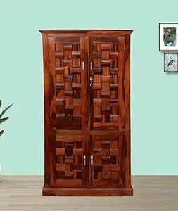 Kristy Furniture Sheesham Wood Niwar 4 Door Almirah/Wardrobe/Cabinet with Storage of 3Shelves and 2 Drawers Already Assembled (Brown met Finish) (4 Door Almirah)